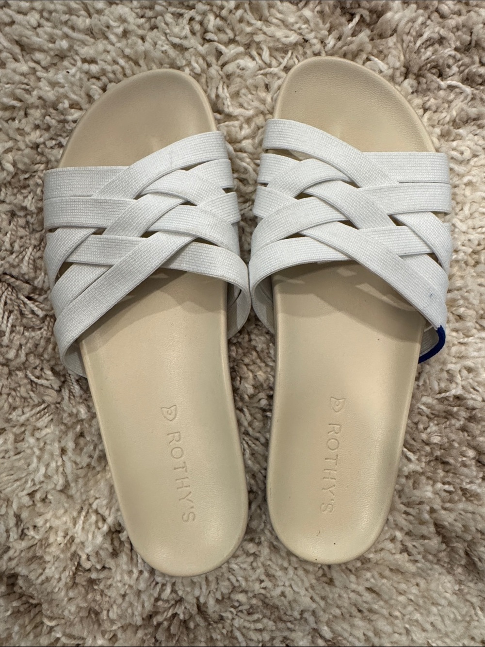 Rothy's Cream Slide Sandals with White Crisscross Straps